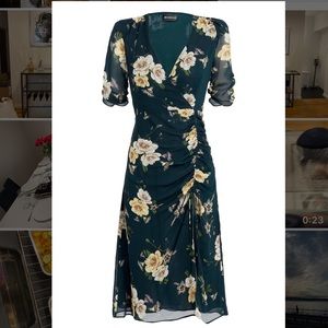 NICHOLAS Tea Floral Ruched Wrap Midi Dress